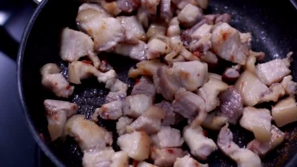Imágenes HD de cerca de freír cerdo con sal en una sartén — Vídeo de stock