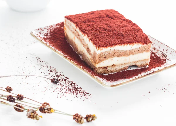 Beyaz üzerine kahve çekirdekleri ile lezzetli tiramisu pasta — Stok fotoğraf