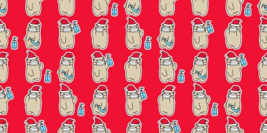 Ayı desensiz kutup ayısı Noel Baba şapkası. 19 Coronavirus pm 25 vektör hayvan. Duvar kağıdı döşeme arka plan eşarbı. Çizgi film çizimi kırmızı tasarım.