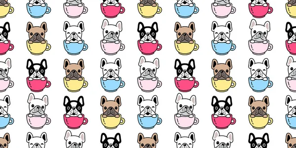 Perro Patrón Inconsútil Bulldog Francés Vector Café Taza Caricatura Azulejo — Archivo Imágenes Vectoriales