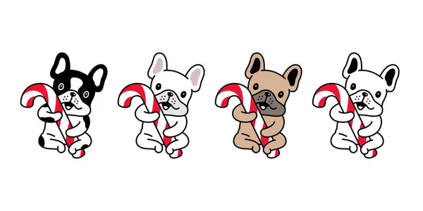 Hond Vector Franse Bulldog Pictogram Kerstmis Snoep Riet Puppy Huisdier — Stockvector