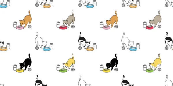 猫无缝图案饭碗小猫卡利科病媒宠物奶巾孤立重复卡通动物瓷砖墙纸涂鸦图案设计 — 图库矢量图片