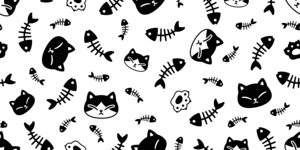 Katze Nahtlose Muster Fisch Knochen Pfote Kätzchen Fußabdruck Calico Vektor — Stockvektor