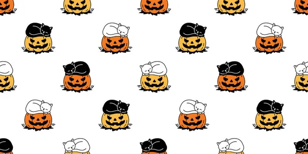 猫のシームレスなパターンハロウィンカボチャの子猫漫画ベクトルスカーフ隔離されたタイルの背景の繰り返し壁紙ギフト包装紙文字のドアイラストデザイン — ストックベクタ