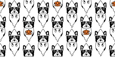 Kusursuz desensiz Fransız buldoğu Cadılar Bayramı ürkütücü balkabağı köpek yavrusu çizgi film vektör fayans arka planı Duvar kağıdı hediye paketi eşarp izole edilmiş karakter çizimi tasarımı