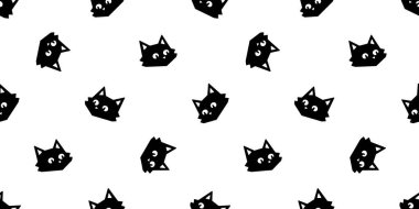 Kedi derisi desensiz, siyah kedi yüzlü karikatür kuyruklu karikatür vektör kaplama arka plan hediye kâğıdı tekrar duvar kağıdı karalama çizimi izole tasarım