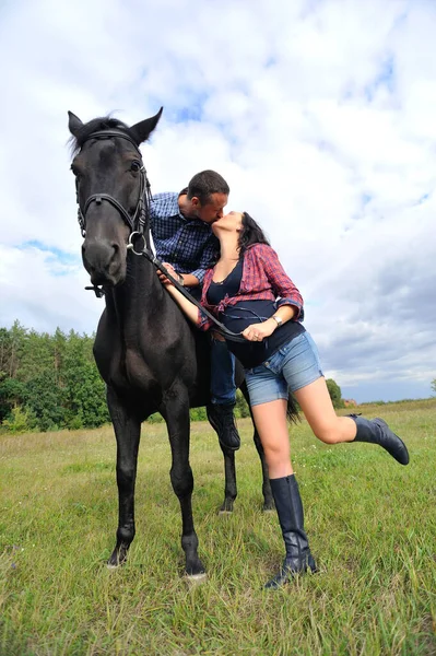 Awaiting Child Walking Meadow Young Couple She Handsome Brunette Long — Stock Photo, Image