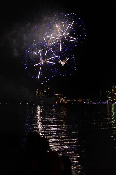 Fabuloso Hada Cielo Nocturno Sobre Mar Fuegos Artificiales Maestros Mostraron — Foto de Stock