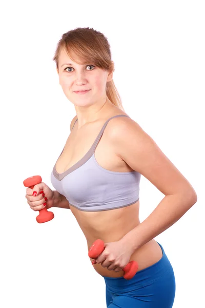 The girl goes in for sports in the studio — Stock Photo, Image