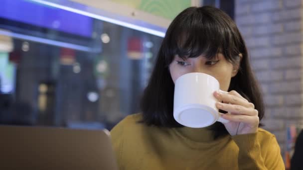 Fiatal ázsiai nő laptop egy kávézóban közelkép, kávézás — Stock videók