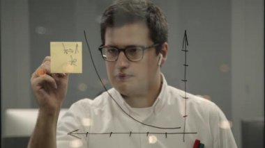 Genç işadamı ofisteki cam duvara yapışkan bir not yazıyor.