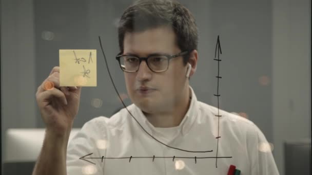 Young businessman writing on sticky note on the glass wall in the office — Stock Video