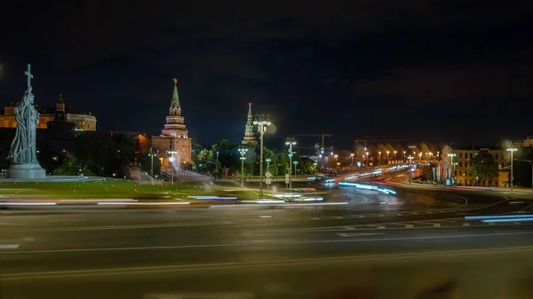 Night road in the centre of Moscow, statue of Prince Vladimir at night