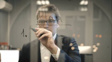 Genç patron işadamı ofisteki cam duvara planlar yazıyor.