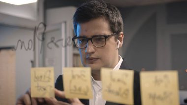 Genç patron iş adamı cam duvara yapışkan notlar yazıyor.