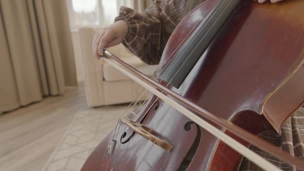 Młoda kobieta muzyk z długimi włosami gra na wiolonczeli w domu — Wideo stockowe