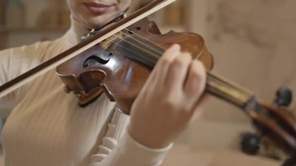 Vrouwelijke professionele muzikant spelen viool closeup, wazig achtergrond — Stockvideo