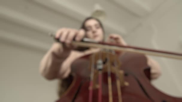 Jeune femme musicienne avec arc dans les mains jouant du violoncelle à la maison, plan flou — Video