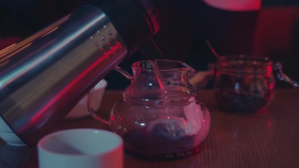 Tea ceremony in the bar, pouring hot water into glass kettle in neon lights — Stock Video