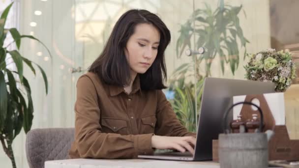 Wanita Asia muda mengetik laptop di kafe terang di dalam ruangan — Stok Video