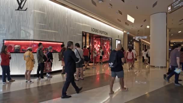 BANGKOK - 15 DE ENERO: Toma de fotos en tiempo real de personas caminando por un centro comercial Siam Paragon junto a una tienda Louis Vuitton en Bangkok, Tailandia. — Vídeos de Stock
