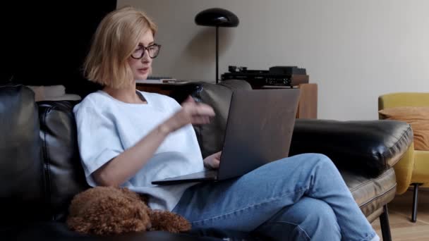 Kvinde ved hjælp af laptop, dyr liggende på sofaen derhjemme – Stock-video