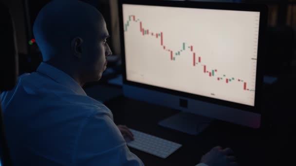 Hombre comerciante vista trasera mirando a la pantalla con subida y bajada del mercado de valores — Vídeos de Stock