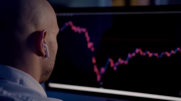 Hombre comerciante vista posterior análisis de gráficos bursátiles en la pantalla — Vídeos de Stock