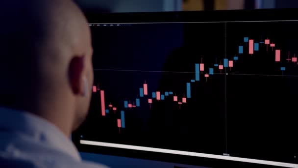 男トレーダーバックビュー株式市場グラフと画面を見て — ストック動画