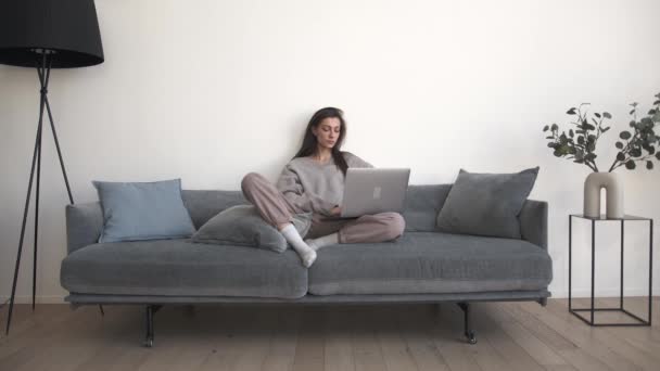 Молода серйозна жінка фрілансер, що працює, сидить на сірому дивані у вітальні — стокове відео