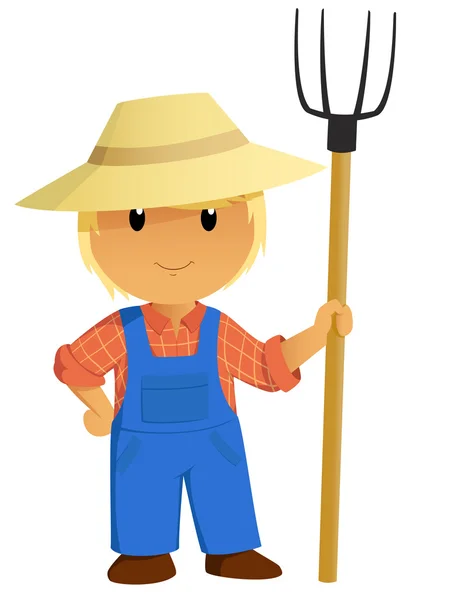 Personagem de fazendeiro de desenhos animados com forquilha —  Vetores de Stock