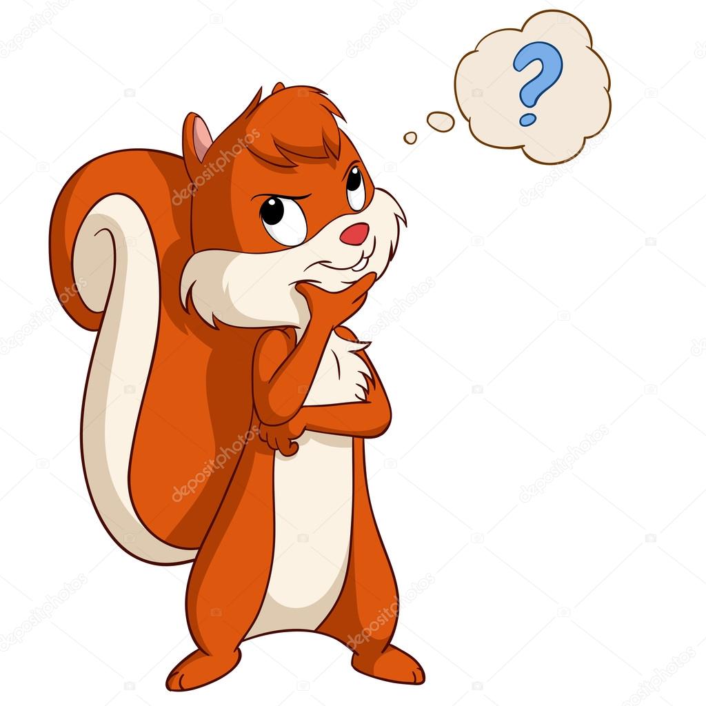 Cartoon squirrel thinking with question bubble