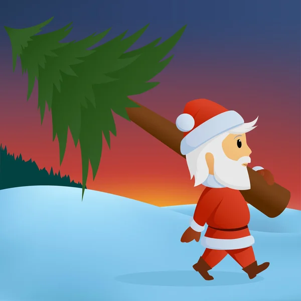 Der Weihnachtsmann trägt den Weihnachtsbaum auf winterlichem Hintergrund — Stockvektor