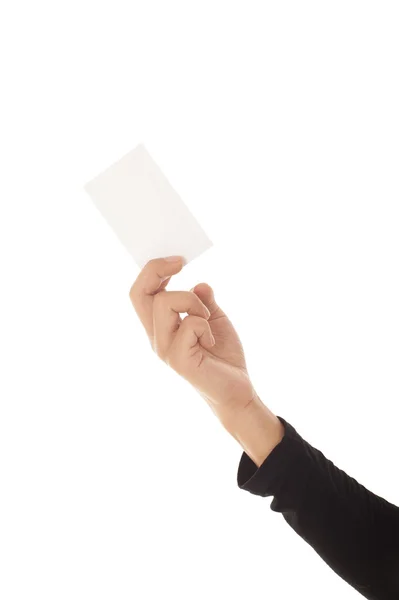 白い背景で隔離のビジネス カードを持っている女性の手 — ストック写真