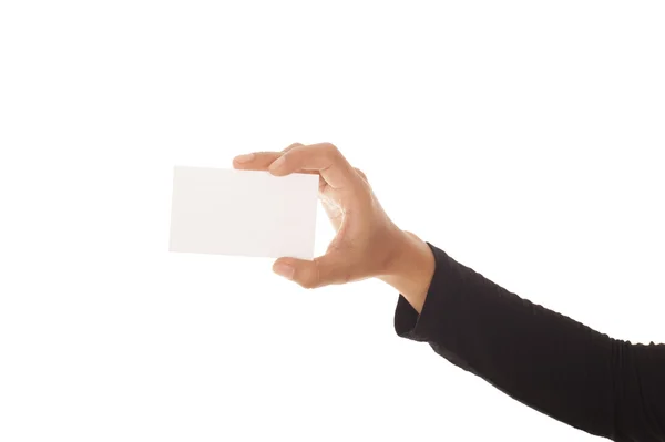 Weibliche Hand hält eine Visitenkarte isoliert auf weißem Hintergrund — Stockfoto