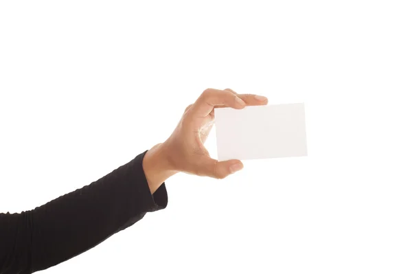 白い背景で隔離のビジネス カードを持っている女性の手 — ストック写真