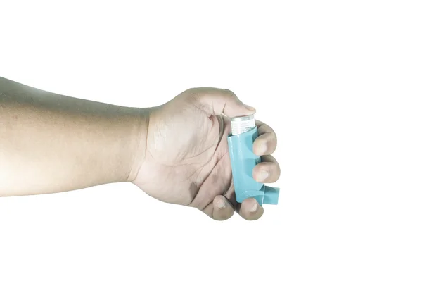 Mão segurando inalador asma . — Fotografia de Stock