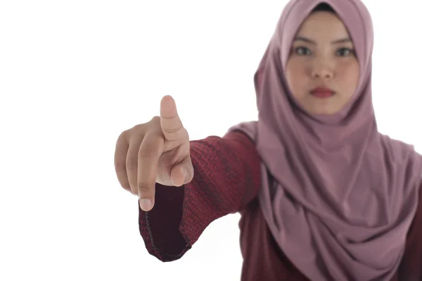 Close-up pointing hand gesture of muslimah business woman. — Stock Photo, Image