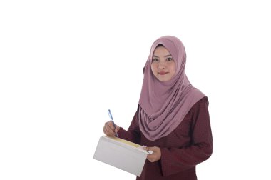 Çekici Müslüman işkadını beyaz backgr ile çek imzalama