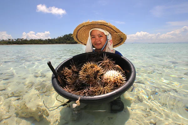 SEMPORNA, MALAYSIA- MARCH 6, 2015 : Unidentified bajau woman with her pufferfishes in Semporna, Malaysia. Bajau people eat pufferfish as one of their traditional delicious cuisine. — Stock Photo, Image