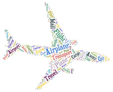 Word cloud of airplane with concept traveling via air transportation.