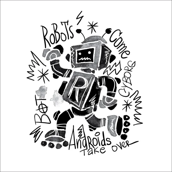 Poster robot acuarela y letras. Gráficos para camiseta — Archivo Imágenes Vectoriales