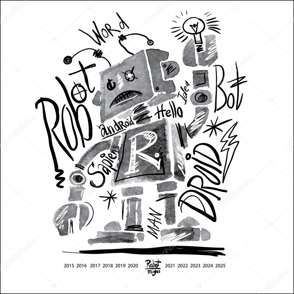 Poster watercolor robot and lettering. Graphics for t-shirt