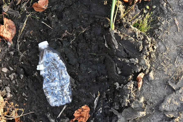 Зображення Порожньої Пластикової Пляшки Пиття Залишеної Підстилка Землі — стокове фото