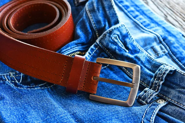 Close Image Old Reddish Brown Leather Belt Pair Faded Blue — Stock Photo, Image