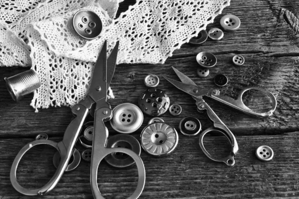 Black White Image Vintage Buttons Scissors Delicate Old Lace — Stock Photo, Image