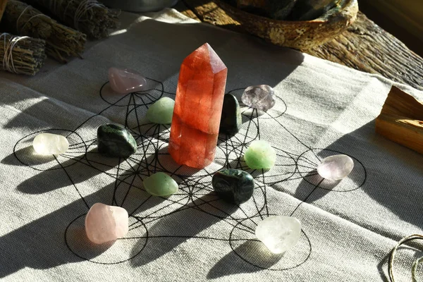 A image of a healing energy crystal grid using sacred geometry.