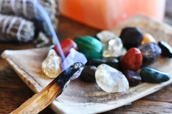 Close Image Burning Incense Stick Healing Crystals — Stock Photo, Image