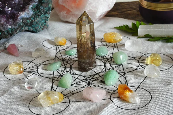 A close up image of a crystal healing grid using sacred geometry.
