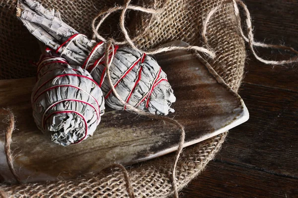 Close Image Two White Sage Smudge Sticks Hand Made Pottery — Stock Fotó